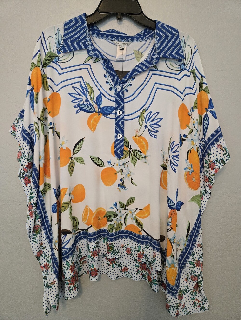 John Mark Tunic/Poncho Style Shirt With Vibrant Citrus Print With Blue Accent - Picture 2 of 4